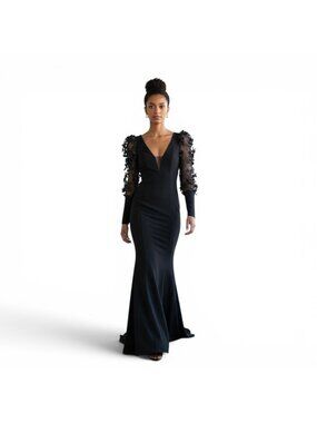 Alisa Black Evening Gown Mermaid Sheer Embroidered Sleeves Dress XS